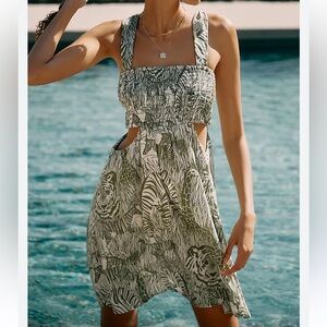 Anthropologie Square-Neck Smocked Cut-Out Mini Dress in Moss